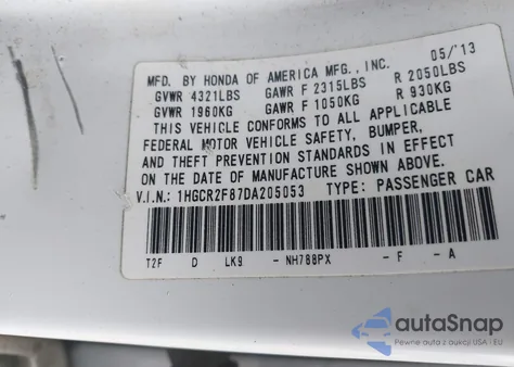 2013 Honda Accord Sdn Ex-L из США, поврежденный, VIN 1HGCR2F87DA205053